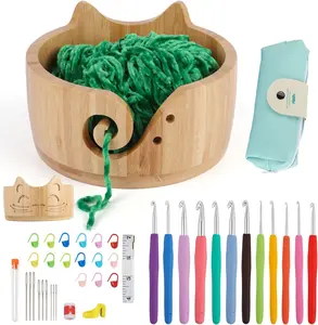 Yarn Bowl Set, 7 X 4inch Wooden Yarn Bowls for Crocheting, Knitting Bowl, Yarn Storage Bowls, Crochet Yarn Holder with Crochet Hooks Knitting Tools for Crocheters Knitters Craft