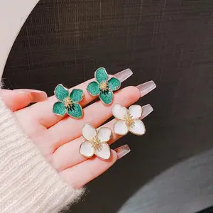 Women's 2026 Vintage Metal Sweet Flower Stud Earrings - Clover Charm, Colorful Clover, Decorated, Embellished Flower, Floral Embellishments Styles - Party, Wedding Fashion Jewelry, Clover Charm Earrings, Colorful Clover Earrings stainless steel y2k
