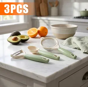 3-piece Scandinavian-style fruit and vegetable pre-processing tool set, including a scoop spoon, stainless steel peeler, and fine mesh sieve; multifunctional kitchen tools for peeling, scooping, and filtering fruits and vegetables, suitable for lemons, me