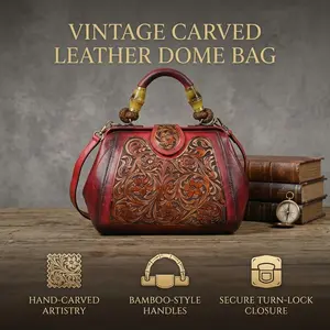 Vintage Hand-Carved Leather Satchel - Floral Embossed Top Handle Bag with Bamboo Accent