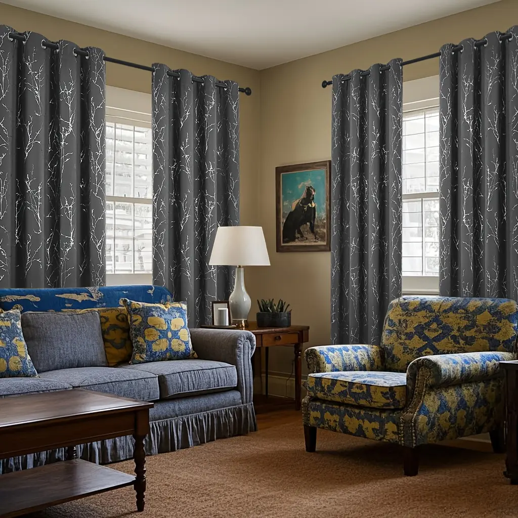 Glam Geometric Gold Foil Branch Patterned Grommet Curtains - 4-Panel, Double-Sided, Blackout, Thermal, Soundproof, Privacy-Focused Household Textiles for Living, Bedroom