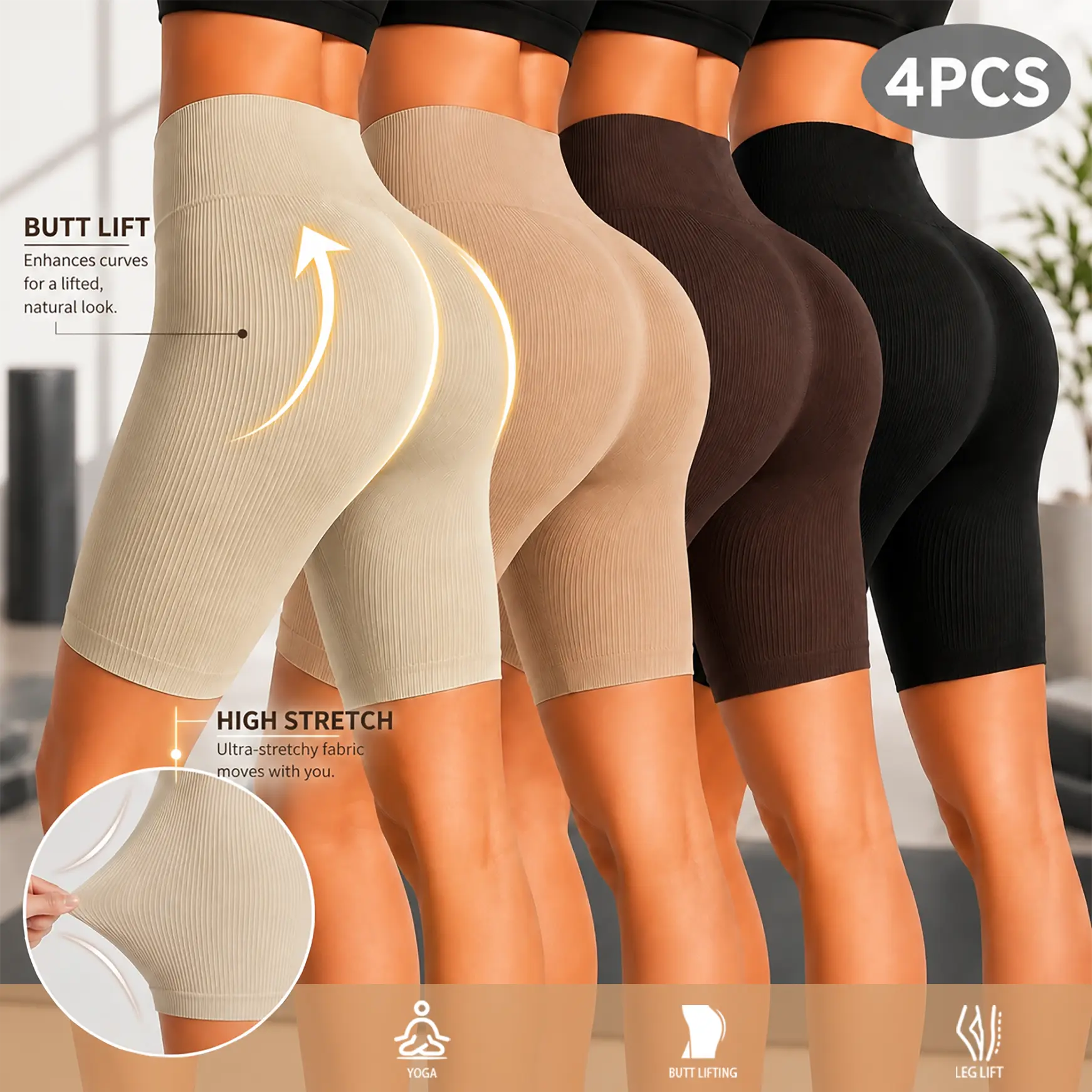 YMZFIT Women's 4-Piece Seamless Ribbed Gym Workout Sets Pack - High-Waisted Stretch Yoga Shorts for Gym, Pilates & Everyday Activewear