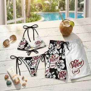 Summer 2026 Dr Pepper Diet Couple Matching Swim Set | Hawaiian Floral Bikini + Board Shorts | TikTok Couple Goals