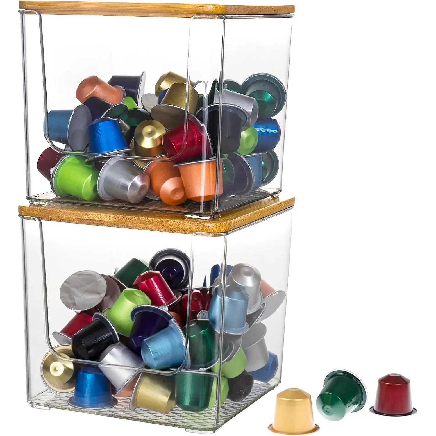 K Cup Coffee Pod Holder for Nespresso Vertuo & Keurig Pods, 2-Pack Acrylic Storage Containers for Countertop with Bamboo Lids, Plastic Coffee Station Organizer Bins for Creamer and Tea Bags