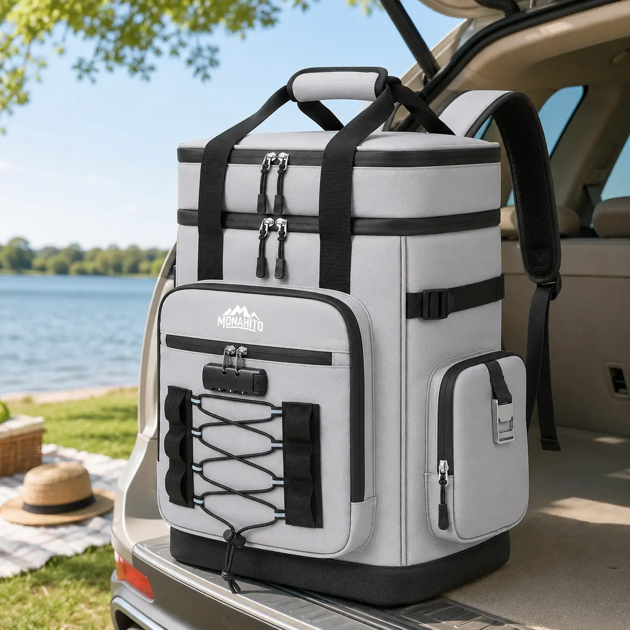 25L Lockable Cooler Backpack, Leakproof Insulated Soft Cooler Bag with Waterproof Exterior and Picnic Organizer, Holds 40 Cans for Family Travel, Beach, Camping & Picnics