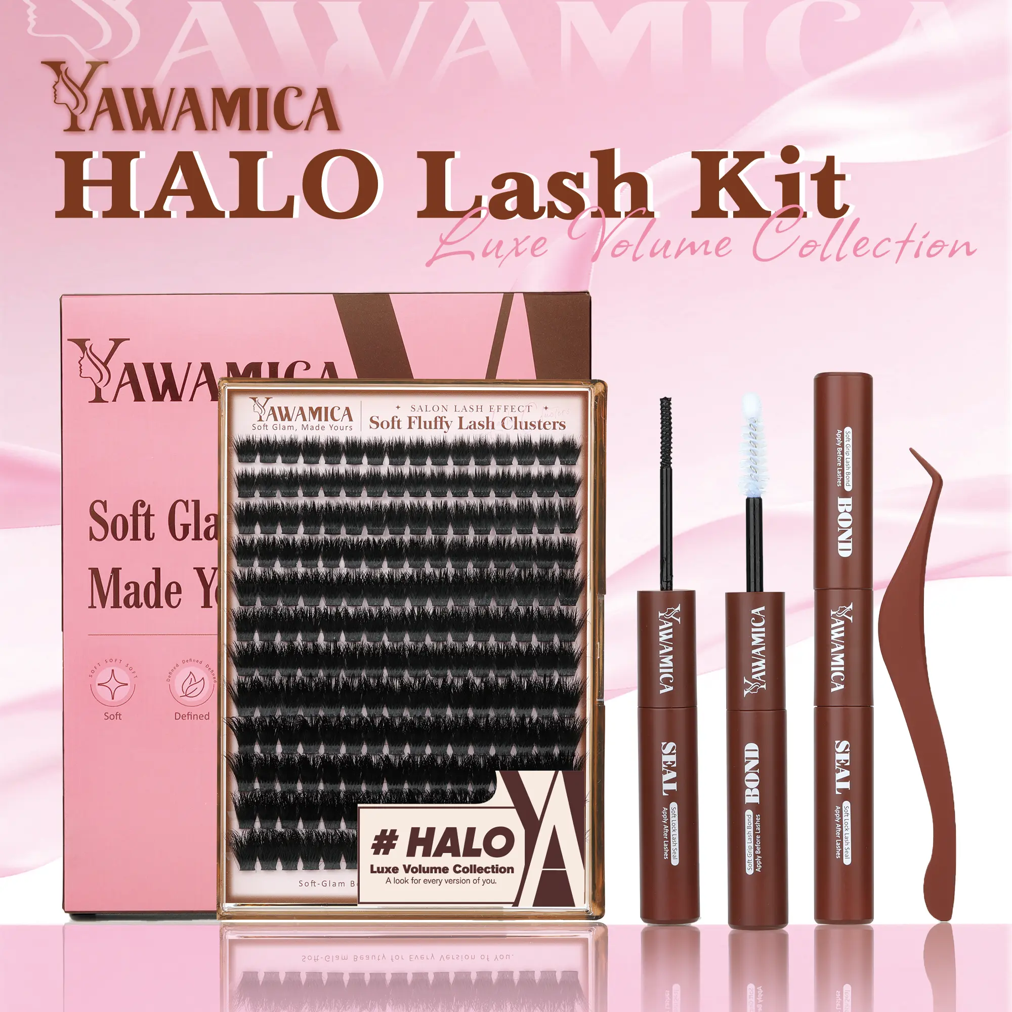 Yawamica HALO Lash Clusters Kit, Soft Fluffy Cluster Lashes 10-18mm with Lash Bond & Seal and Precision Tweezers, DIY Lash Extension Kit for Custom Lash Looks