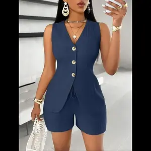 Women's Asymmetrical Hem Bow Back Vest & Tie Front Shorts Two-piece Set Ladies Clothes for All Seasons,   Suits Womenswear Gamis Casual