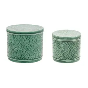 360 Stand Metal Round Canister Set of 2 - Green Kitchen Stackable Spice Jars with Scalloped Lids, 5x4.5 in. & 5.5x5 in., Ideal for Home Organization, Holiday Decor & Storage Bottles Use, Kitchen Storage, Stackable Storage