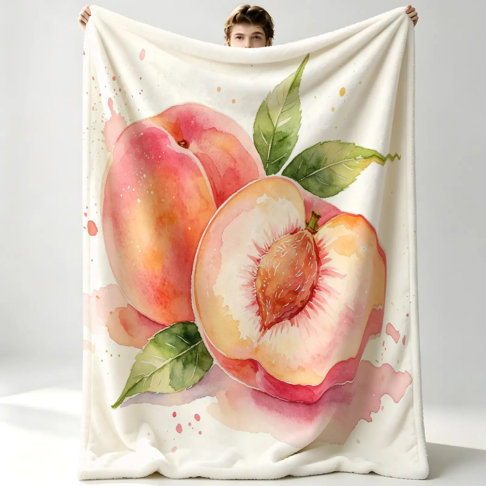 1Pcs Watercolor Peach Print Blanket, Multiple Styles, Soft, Warm, Breathable and Skin-Friendly, Flannel Throw Blanket for Sofa and Bed, Suitable for All People, Ideal Gift Choice