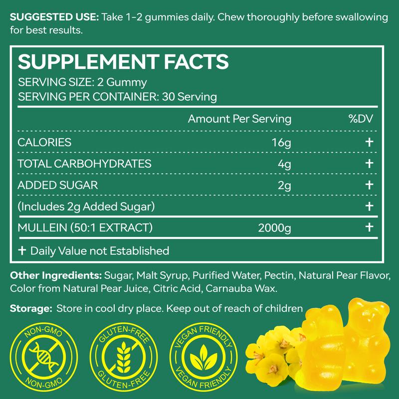 Mullein Gummies for Lungs, Edible Fitness Dietary Gummy, Lung Health, 1000mg Mullein Leaf Extract, Pear Flavor Gummies 60capsules Vitamin Supplement Healthcare mullein lung detox Respiratory System Formula Respiratory Support Vegan Ingredients