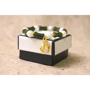 Korean Zodiac Charm Bracelet, Green Bamboo Beads & Pearls, Lucky Year Animal Jewelry, Korean Gift, Handmade