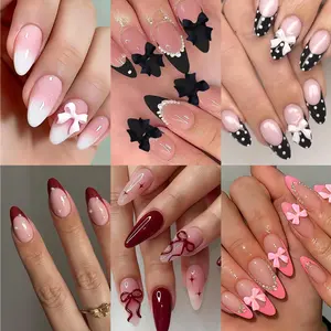 Press-On Nails Variety Set 244 PCS | Long Almond & Stiletto 6 Designs: Polka Dot, Pink 3D Bows, Pearl French | 12 Sizes | with Glue & Tabs | Ashowner