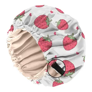 Satin Hair Bonnet Silk Bonnet for Sleeping Double Layer Elastic Adjustable Caps  Cute Aesthetic for Women Girls-Strawberry