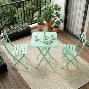 Outdoor Square Bistro Set 3 Piece, Green Iron Tube Patio Furniture Set with Square Table & 2 Chairs, Foldable Steel Backyard Deck Porch Garden , Space Saving Outdoor Dining Set for Small Spaces