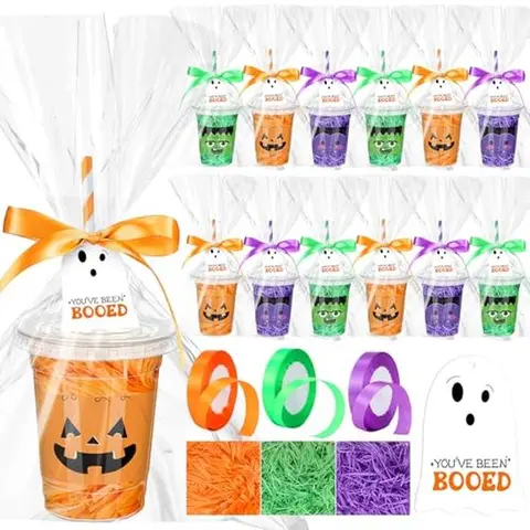 24 Sets Halloween Gifts Cups Set 12 oz Halloween Boo Basket Goodie Candy Bags include Card Ribbon OPP Bags Plastic Clear Cups with Lids Paper Straws for Students Boys Girls for Treat Party Favor Supplies