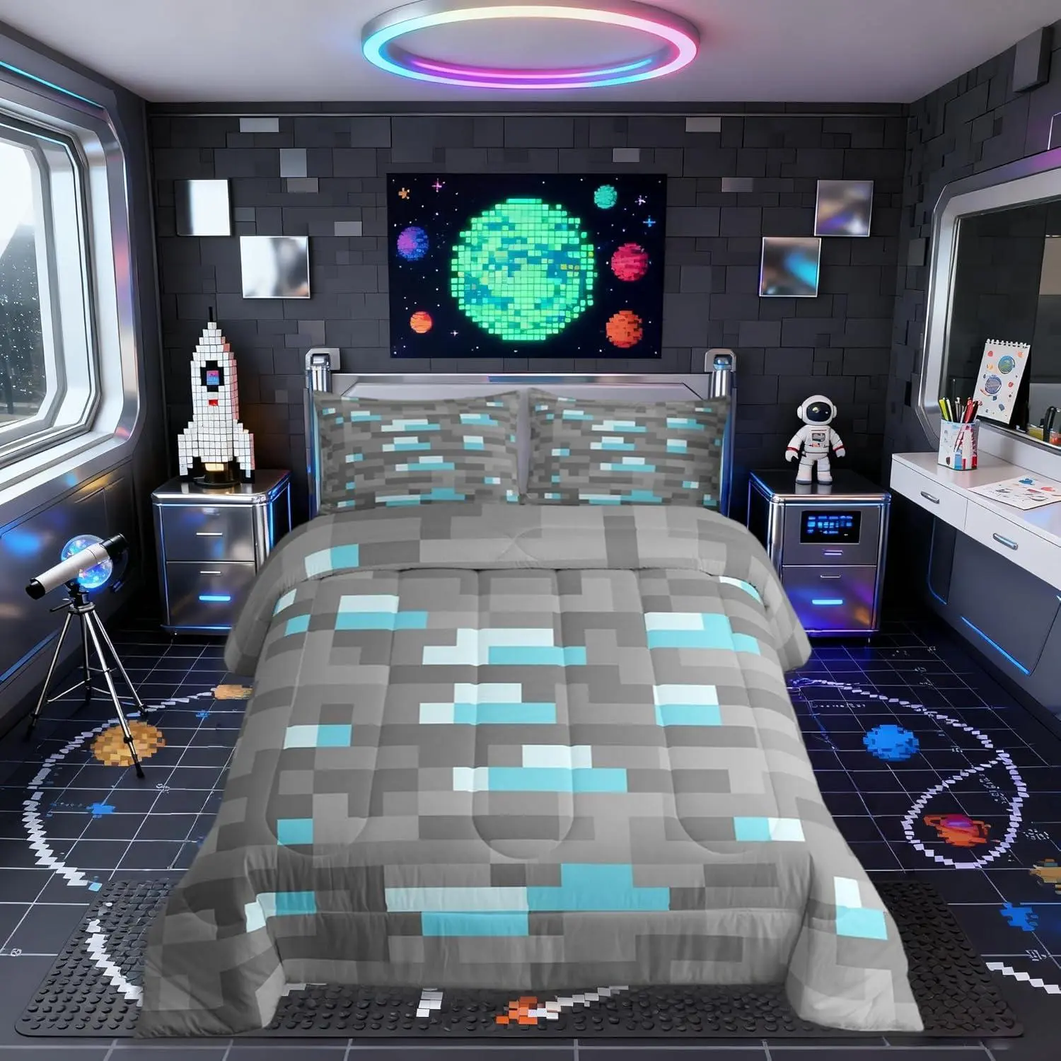 Pixelated Blocks Miners Kids Comforter Set,Video Games Game Gamepad Bedding Set,Boys Room Decor,Geometric Grid Patchwork Quilt Comforter,Gray Blue Duvet Set,Bedroom Quilt Set