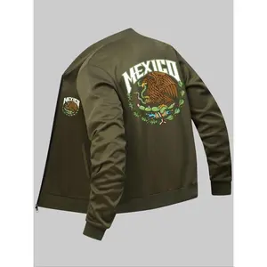 Men's Eagle & Letter Print Zip Up Jacket, Casual Comfy Long Sleeve Baseball Collar Outerwear for Daily Wear, Men's Clothing for All Seasons