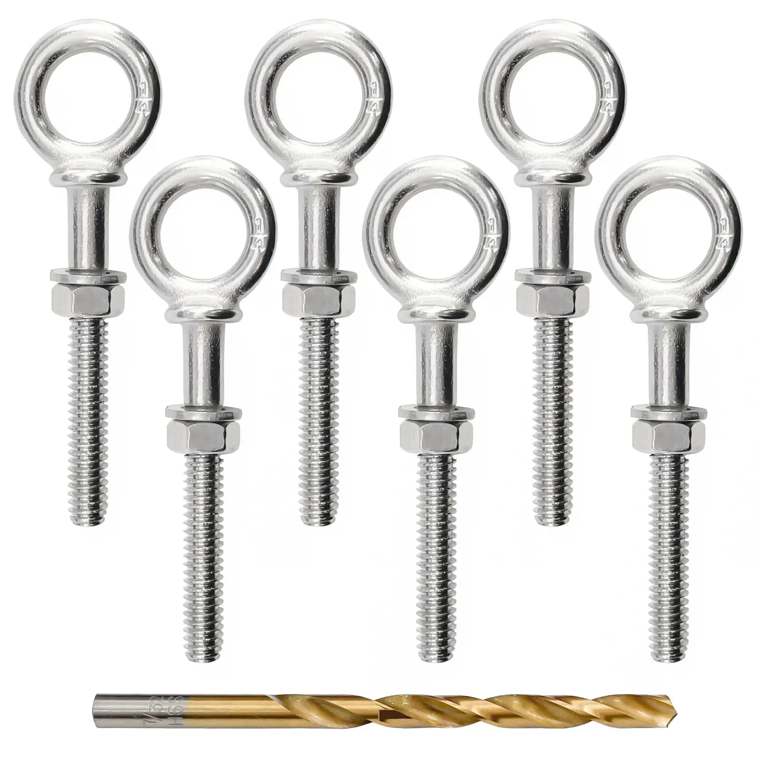 1/4" x 3" Eye Bolt T316 Stainless Steel  Lifting Ring Threaded Eyebolts with Nuts Washers and Drill Bit, 6pack,