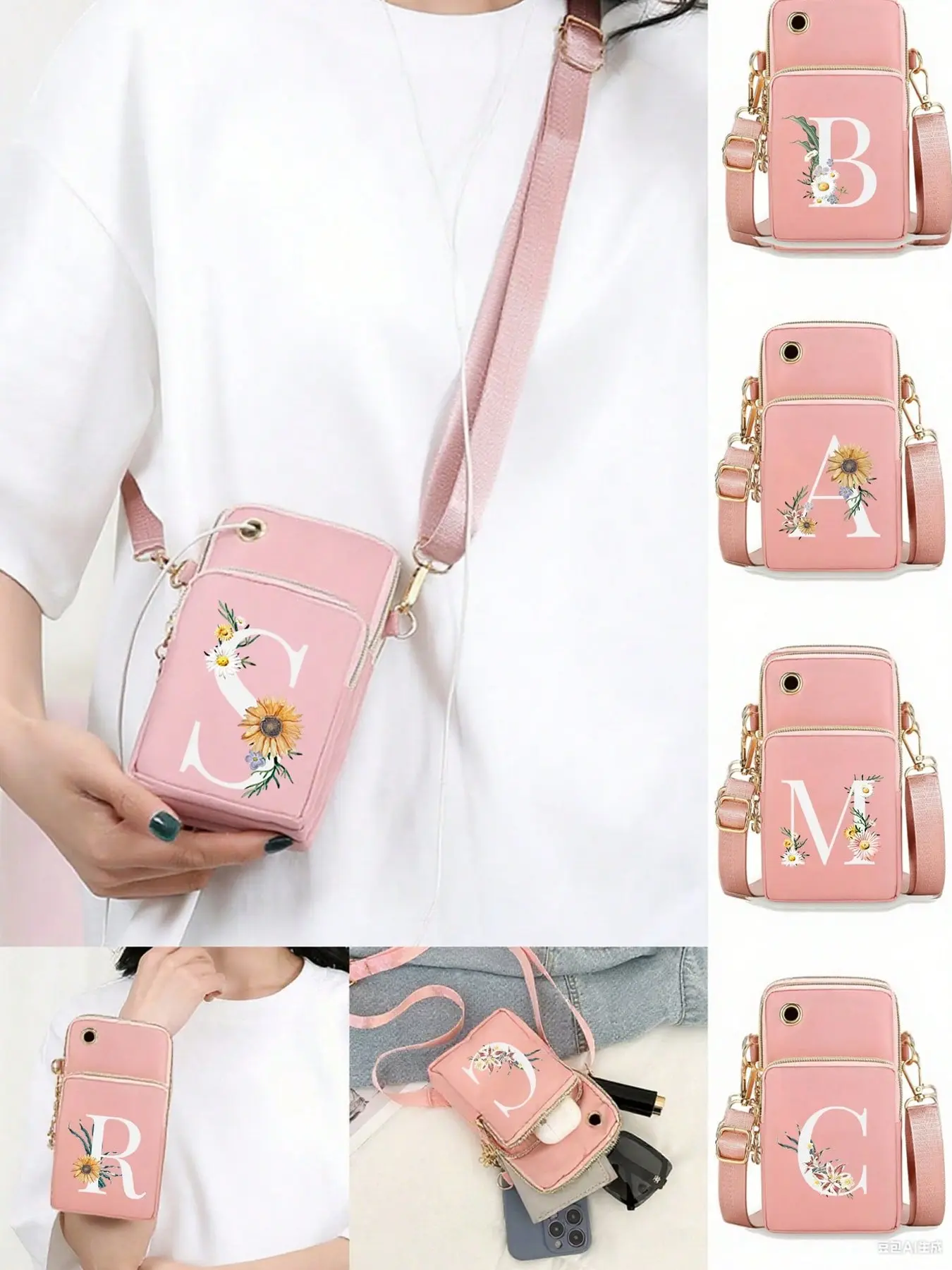 Ladies' Crossbody Bag With Pink Flower Initials A-Z, Fashionable Shoulder Bag, Multifunctional Mini Outdoor Sports Handbag, Equipped With Headphone Jack, Adjustable Shoulder Strap, Running, Gift For Friends And Family