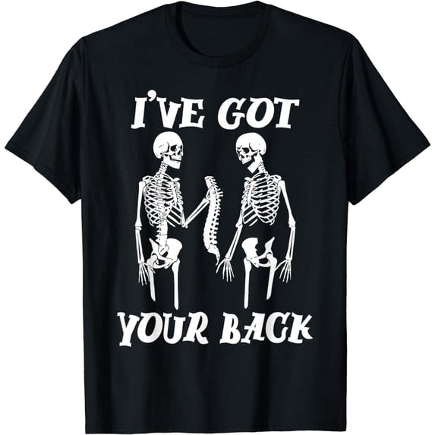 I've Got Your Back Halloween Skeleton Skull and Bone Pattern T shirt Casual Graphic Tee with Spooky Horror Style for Men and Women Apparel
