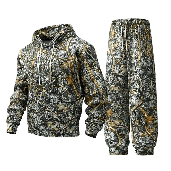 Men's Leaf Camouflage Menswear 2-Piece Matching Set - Long Sleeve Drawstring Hooded Pullover, Ribbed Soft Tapered Long Pants, Casual Outfit, Fabric, Polyester Fabric