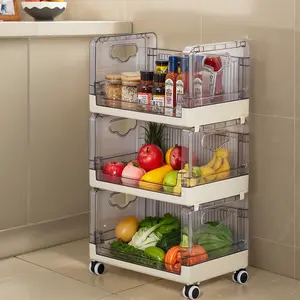 VECELO 3 Tier Stackable Plastic Storage Carts Kitchen Snack and Toy Storage Baskets with Wheels Storage Rack for Bathroom, Home, Living Room,Office