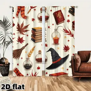 2D Flat 2Pcs Harry Potter Theme Curtains Fall Autumn Maple Leaves Wizard Magic Books Potion Bottles Witch Hat Pattern Window Drapes Blackout Thermal Insulated Panel Pair for Living Room Bedroom Kitchen Home Decor Halloween Thanksgiving