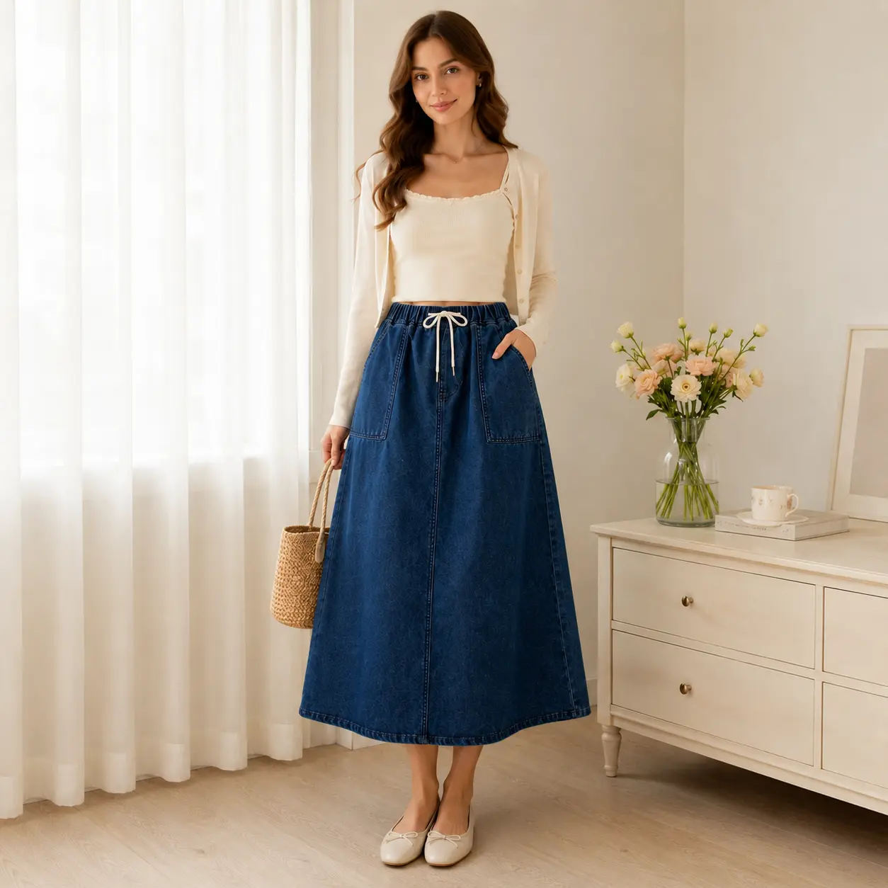 Casual Blue Denim Midi Skirt for Women, Elastic Waist Drawstring A-Line Jean Skirt with Pockets