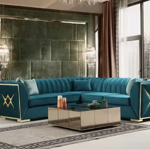 New Modern Glam Teal Blue Velvet contemporary Fabric Sectional Sofa