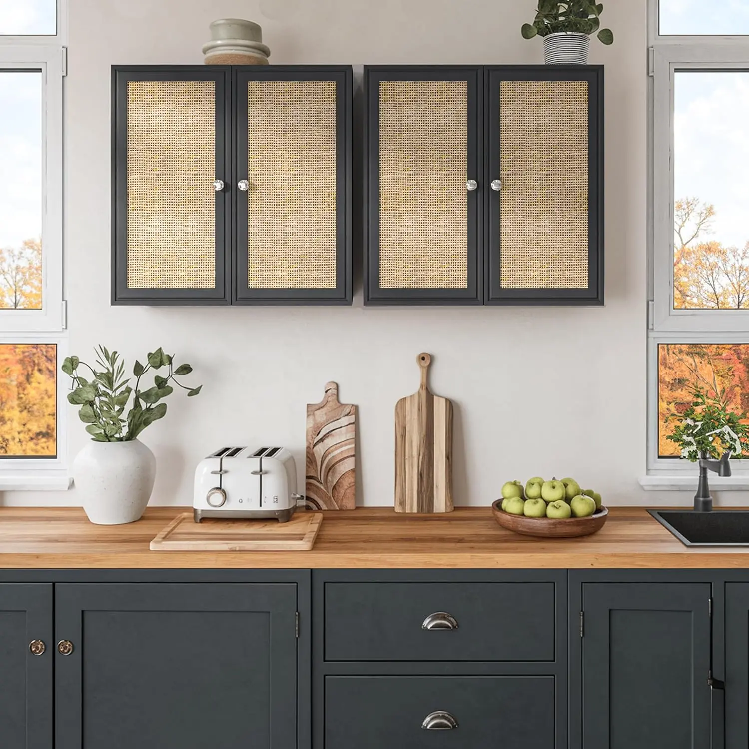Rattan Wall Cabinets Set - 24" Kitchen Wall Mounted Storage Cabinets with 2 Paper Rattan Doors and Shlelf Adjustable in Laundry or Bathroom Over The Toilet,One Set of 2 Pcs, in Black