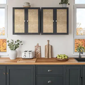 Rattan Wall Cabinets Set - 24" Kitchen Wall Mounted Storage Cabinets with 2 Paper Rattan Doors and Shlelf Adjustable in Laundry or Bathroom Over The Toilet,One Set of 2 Pcs, in Black