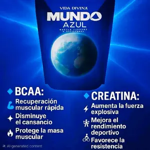 Vida Divina Mundo Azul Creatine Creatina Pre-workout Drink 100% Natural Organic BCAA Muscle Support Recovery