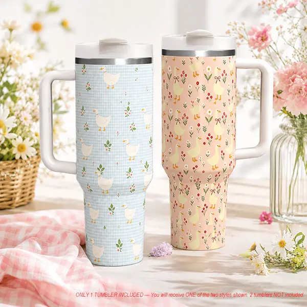 AuraCup 40 oz Insulated Stainless Steel Coffee Tumbler (1-Pack) - Duck Floral Pattern, Handle & Lid, Keeps Cold 12 Hrs & Hot 6 Hrs, Vacuum Flask Drinkware for Home & Outdoor Use