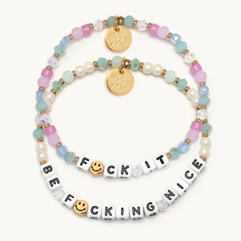 Little Words Project Be Nice Plastic Beads Stacking Bangle Bracelet Set - Adjustable, Casual Multilayer Bracelets & Bangles, Fashionable Couple Accessory for Daily Wear