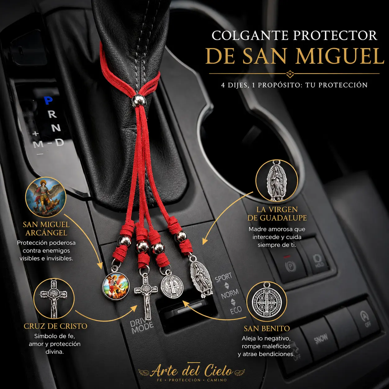 Colgante de San Miguel Arcángel para Carro, Casa o Puerta | Cordón Rojo con Virgen de Guadalupe, San Benito y Cruz de Cristo, Regalo especial | Arte del Cielo