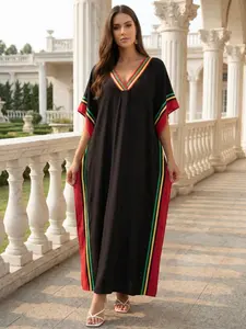 EDOLYNSA Striped kaftan dress cozy house robe muumuu outfits Moo Moo Dress vacation relaxed beach wear leisure wear versatile cover up daily wear Homewear Boho Casual Dress Q1615