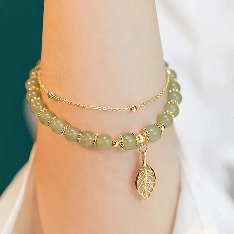 Chinese Style Green Jade Bracelet For Women Exquisite Leaves Wrist Strap Bangle Double Chain Bracelet Valentine’s Day Gifts Chinese Style Green Jade Bracelet For Women Exquisite Leaves Wrist Strap Bangle Double Chain Bracelet Valentine’s Day Gifts