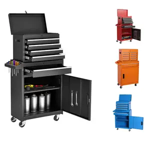 Portable Tool Chest, 5-Drawer Rolling Tool Storage Cabinet with Detachable Top Tool Box, Liner, Universal Lockable Wheels, Adjustable Shelf, Locking Mechanism, Metal Tool Cart for Garage Workshop