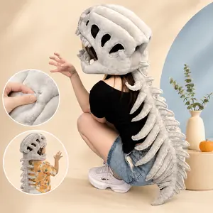 Wearable Dinosaur Skeleton Costume Set Plush Skull Hood With Spine Backpiece Large Gray Halloween Party Dress Up For Kids Adults And Family Photos