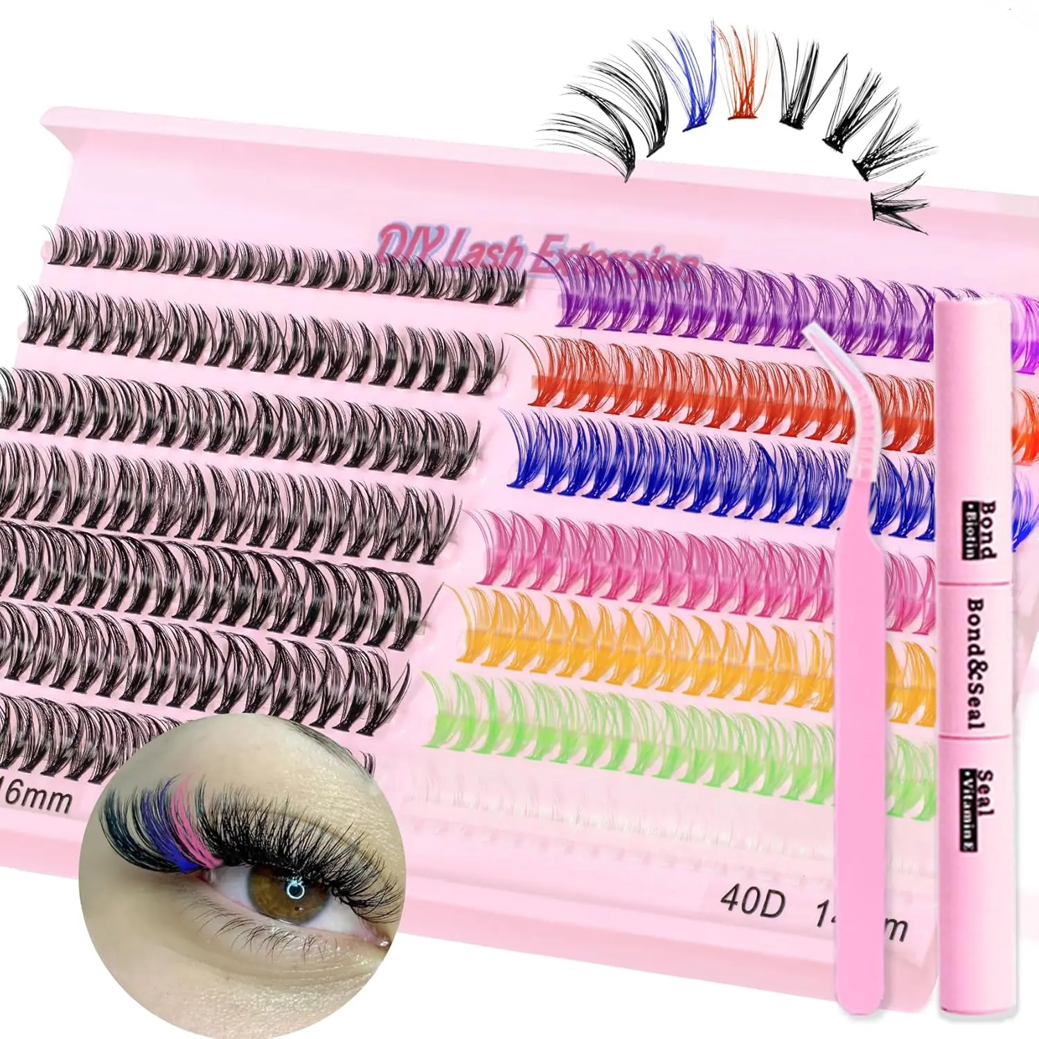 Lash Extension Kit 280pcs Individual Lashes 8-16mm Colored DIY Eyelash Extension Kit with Lash Bond and Seal and Lash Applicator for Beginners D Curl Fluffy Eyelash Clusters (Sugar) caterpillarlashes shinylashes  Daily Eyelashes Cosmetic Lightweight Makeu