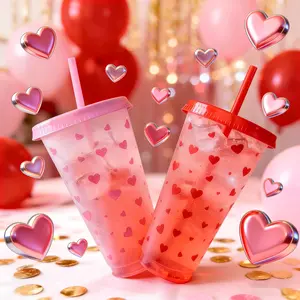 24oz Valentine's Day Heart Cold Drink Cups, Drinkware, Pink & Red Straw Cups with Romantic Design, 10/20/30/50 Pack Reusable Iced Coffee, Milk Tea & Cold Beverage Tumblers, Perfect for Parties, Dates, Birthdays & New Year Gifts, Photo-Ready Aesthetic Cups