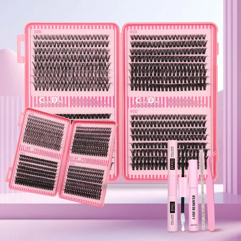 SDKSDK Cosmetic Eyelash Cluster Kit, DIY Extension Kit with Extra Thick D-Curl, 9-16mm Mixed Length Wispy Lash Clusters, 30D-60D Individual Lashes for At-Home Application