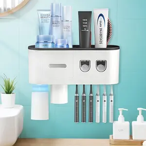 Double Automatic Toothpaste Dispensers Squeezer Kit With Toothbrush Holder Wall Mounted, Large Storage Organizer With 6 Toothbrush Slots, 2 Magnetic Cups And Cosmetic Organizer Drawer ( BLACK 2 CUPS)