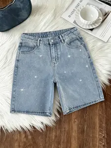 Summer New Women's Washed Rhinestone Elastic Denim Shorts, Fashion Comfortable Casual Style, Perfect for Daily Wear and Vacation