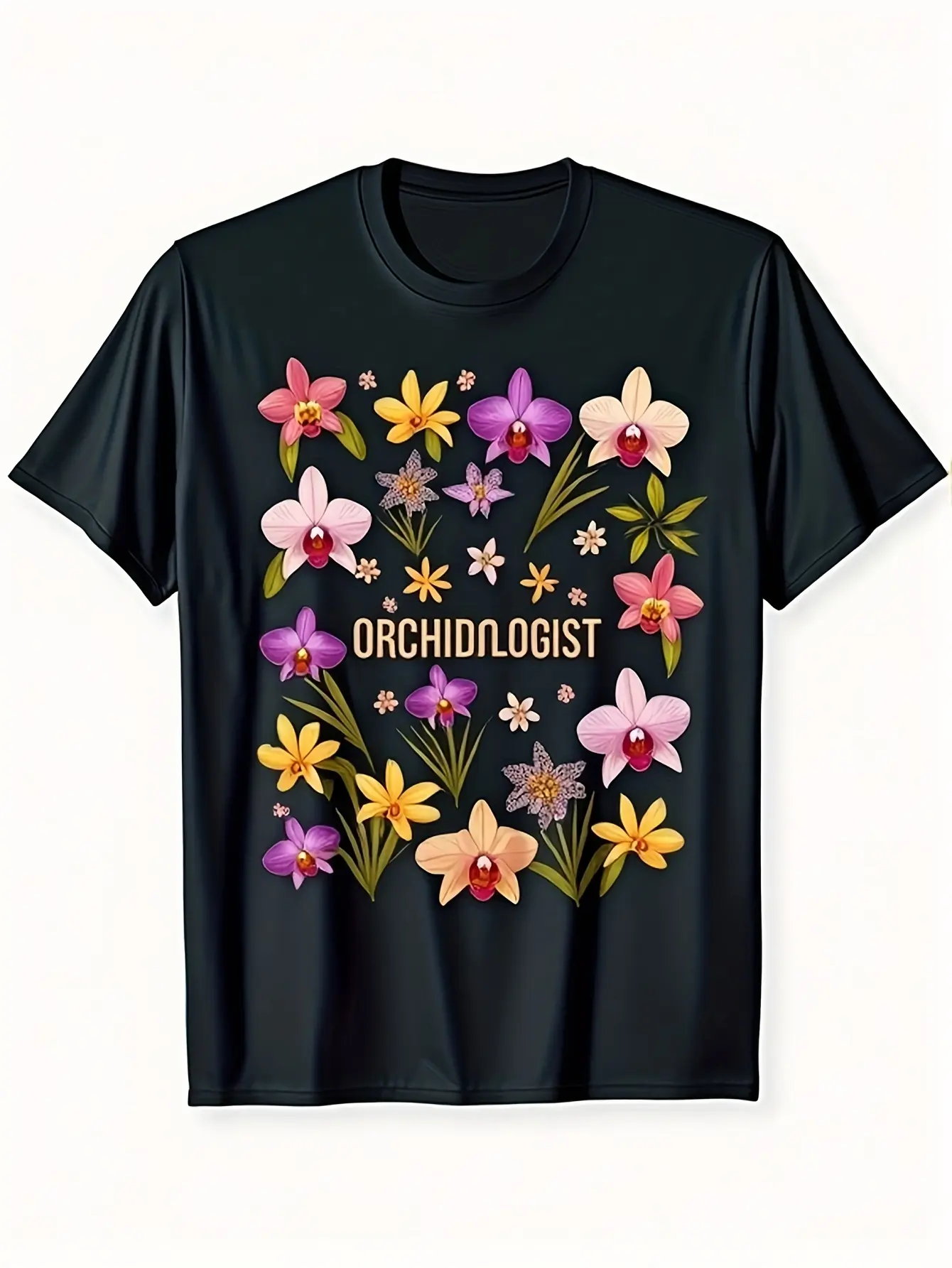 Black T-Shirt Featuring Multicolored Orchids And a unisex soft cotton short sleeve t shirt, vintage graphic casual tee for men women teens, perfect birthday holiday gift for camping travel gym daily street  wear