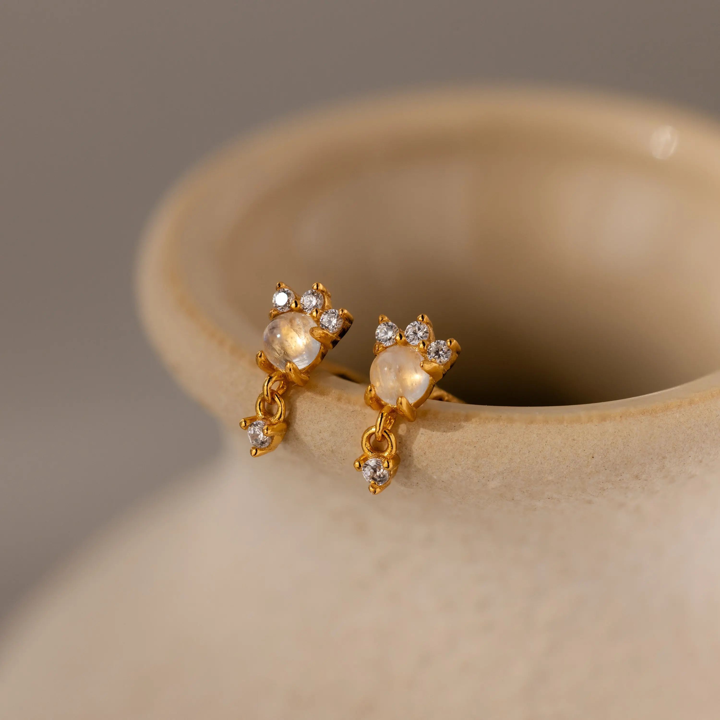 Halo Moonstone Drop Studs by Caitlyn Minimalist - Dainty Crown Diamond Dangle Earrings - Celestial Jewelry - Gift for Her