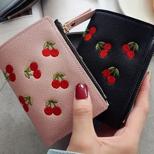 Women's Vertical Buckle Cherry Embroidery Short Trendy Small Wallet New Simple Fashionable Student Purse