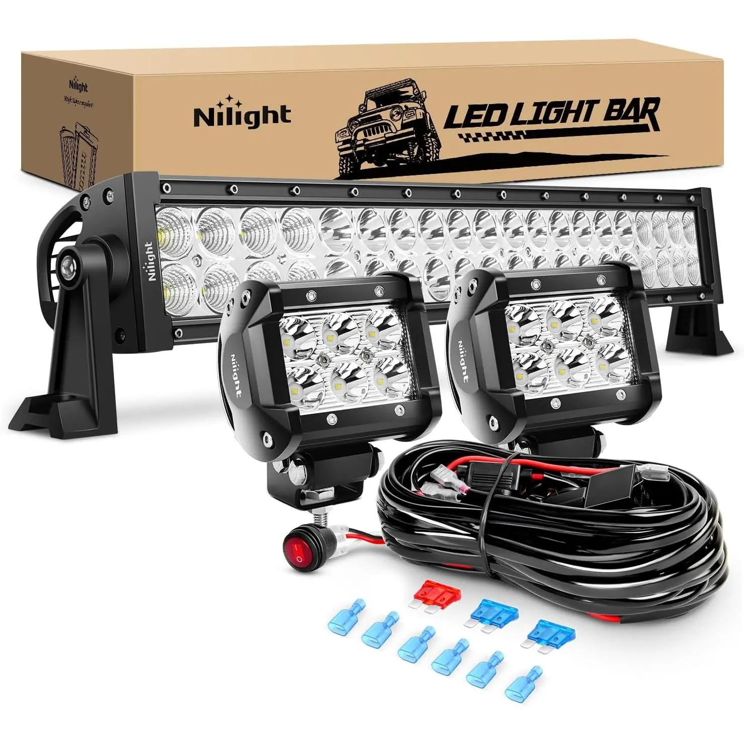 Nilight 22-Inch 120W Power Aluminum Housing LED Light Bar Combo - 2x18W 4-Spot Pods, Fog Lights, 16AWG 2-Lead Wiring Harness Kit for Off Road Trucks, SUVs (Bright White Output), 120Wpower, Foglights, Led Work Light,car accessories