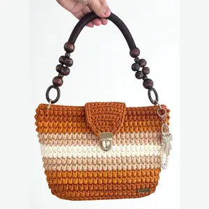 Handmade Crochet  Bag with Leather Bottom | Recycled Yarn Knit Purse with Lining | Gift for Women | Trendy Knitted Handbag