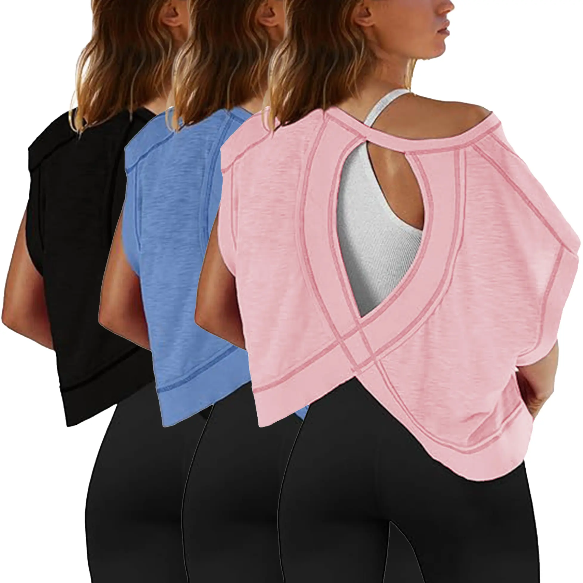 MaLinfandor Womens 3 Pack Open Back Tops Casual Short Sleeve Workout Shirts Y2k Crop Athletic Tops Gym Yoga Running Tees